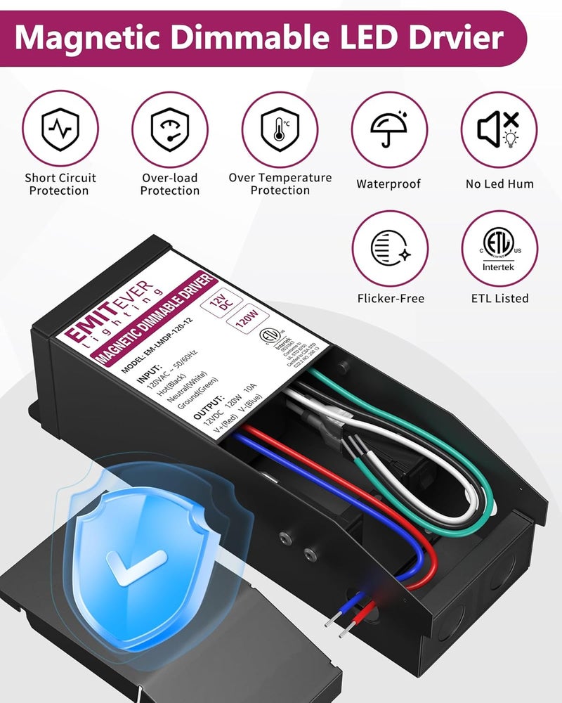 EMITEVER 120W Magnetic Dimmable LED Drvier, 12V Transformer Magnetic Power Supply 120VAC to 12VDC, Compatible with Lutron and Leviton Dimmer, for LED Strip Light,Kitchen,Cabinet,ETL Listed - Image 3